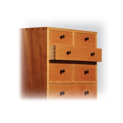 Chest of drawers on stand. Drawers Honduran mahogany on front, cherry on sides and back, African blackwood handles with single pass half-blind dovetails. Chest size 52H x 18W x 15D